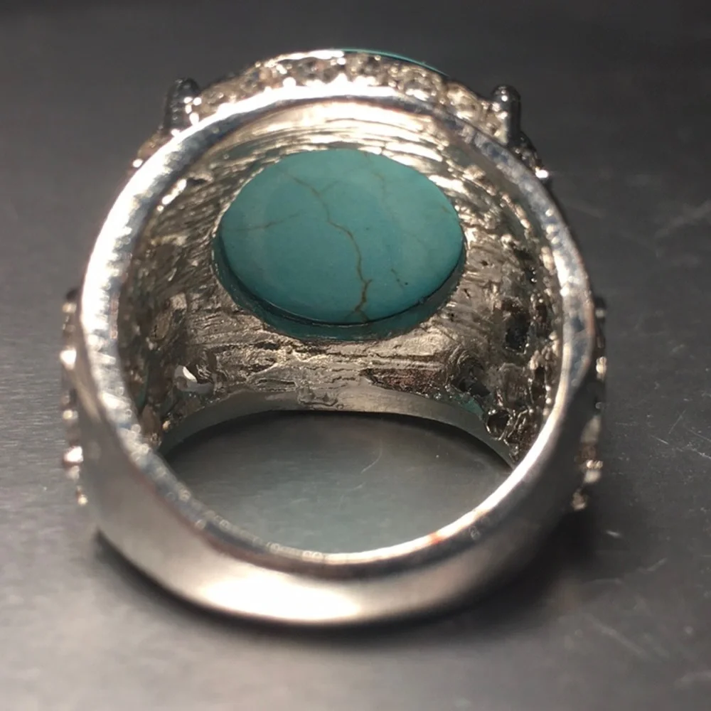 BLING RING-Turquoise/rhinestone/silver tone filagree, prong set, size 8 NWOT - Picture 9 of 12